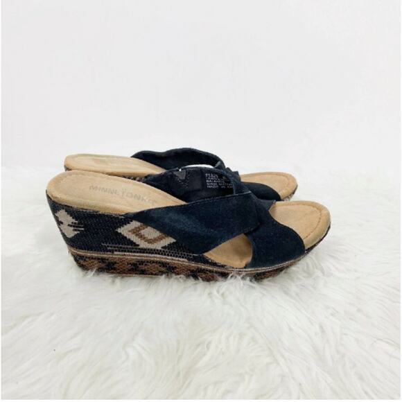 Minnetonka Wedge Sandals Size 7.5 Women Black Suede Platform Aztec Tribal - Picture 7 of 9